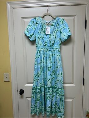 Mary Square Light  Blue & Green Printed Midi Dress